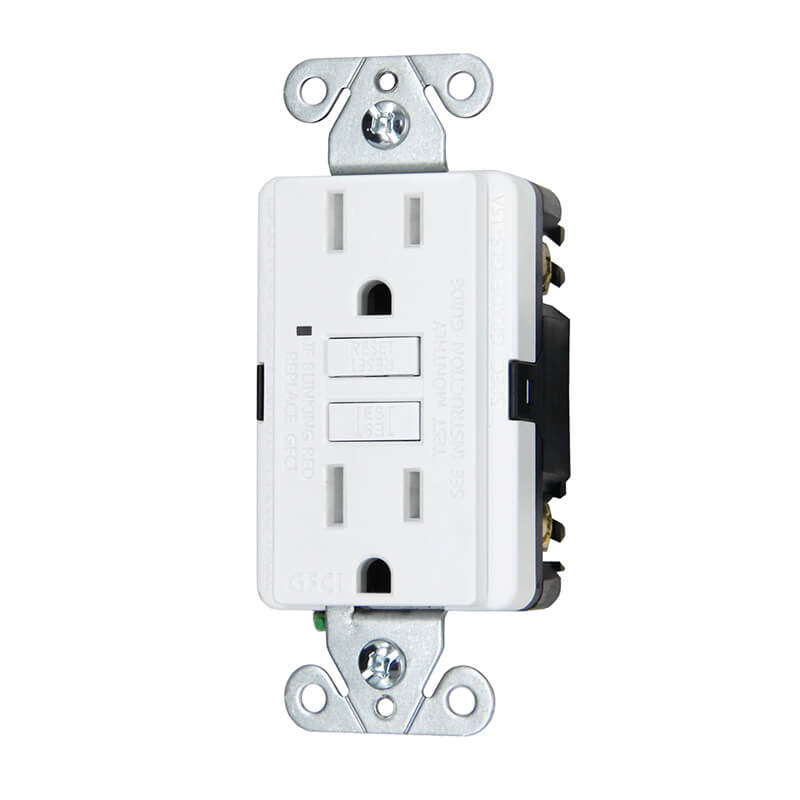 Front and side of GLS-15A GFCI outlets shown at 15° angle