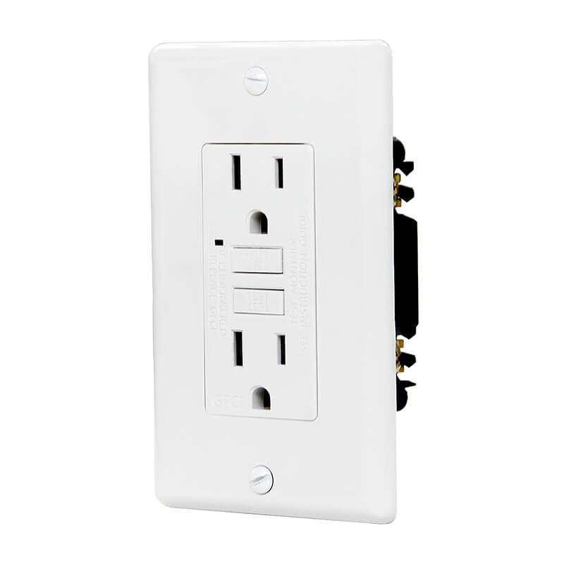 Front and side of GLS-15A GFCI outlets with white wall plate