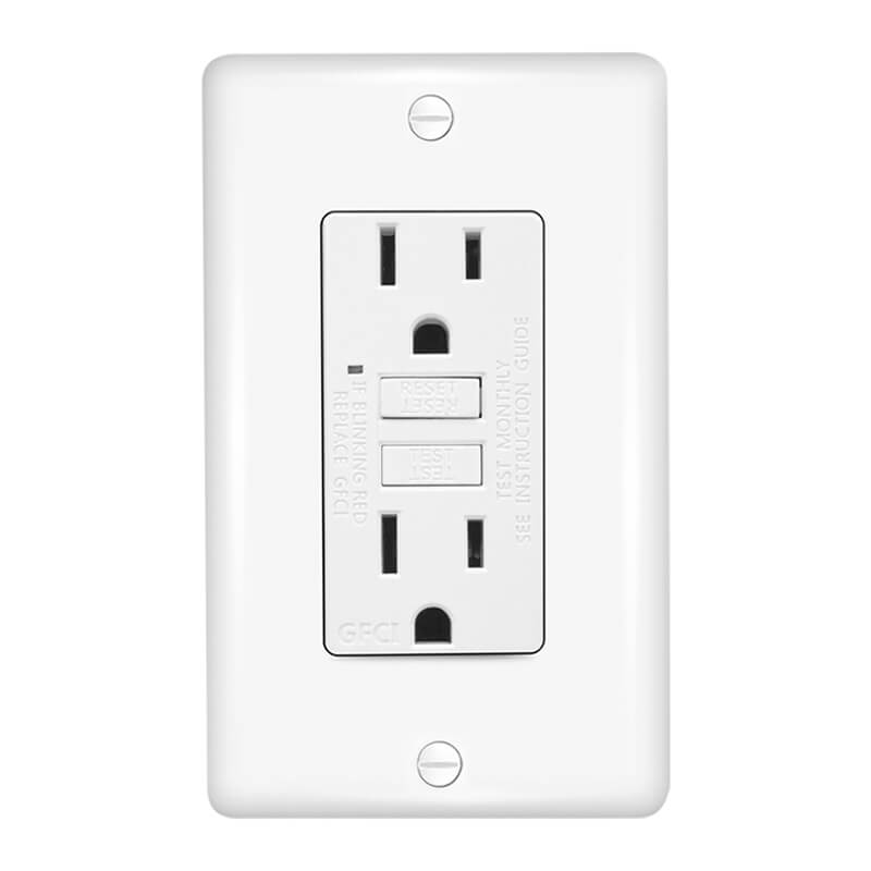 Front close-up of GLS-15A GFCI Outlets with white wall plate