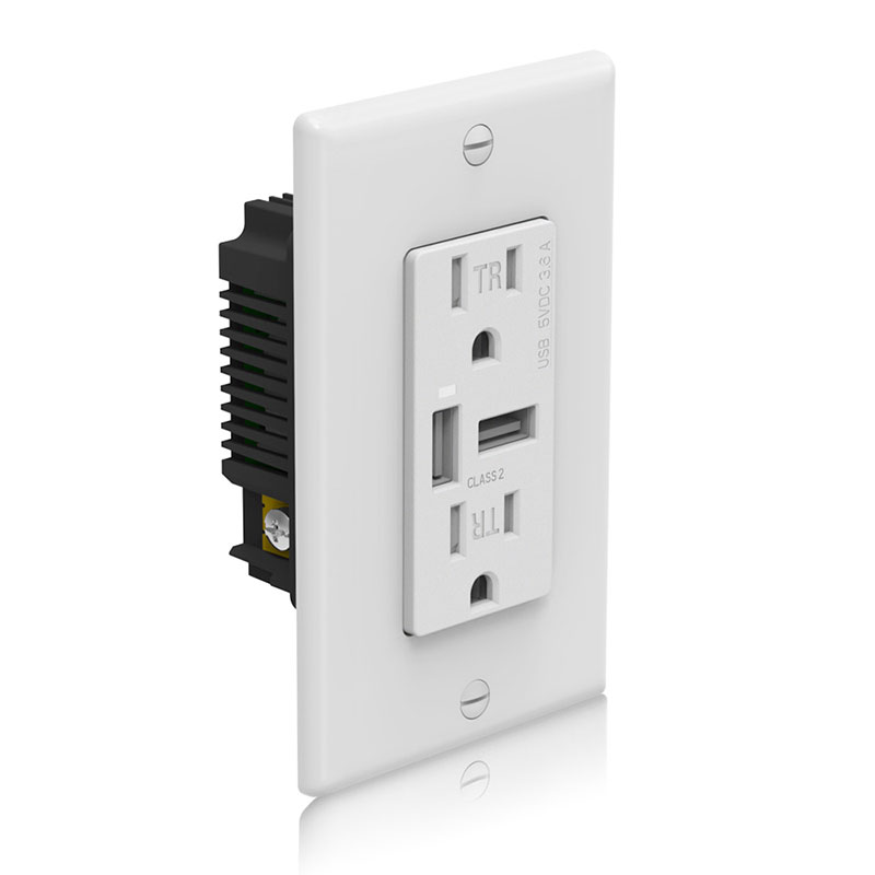 Front-and-side-of-CZ-08-USB-outlets-with-white-wall-plate