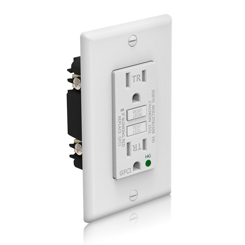 Front-and-side-of-GLS-15AHG-GFCI-outlets-with-white-wall-plate