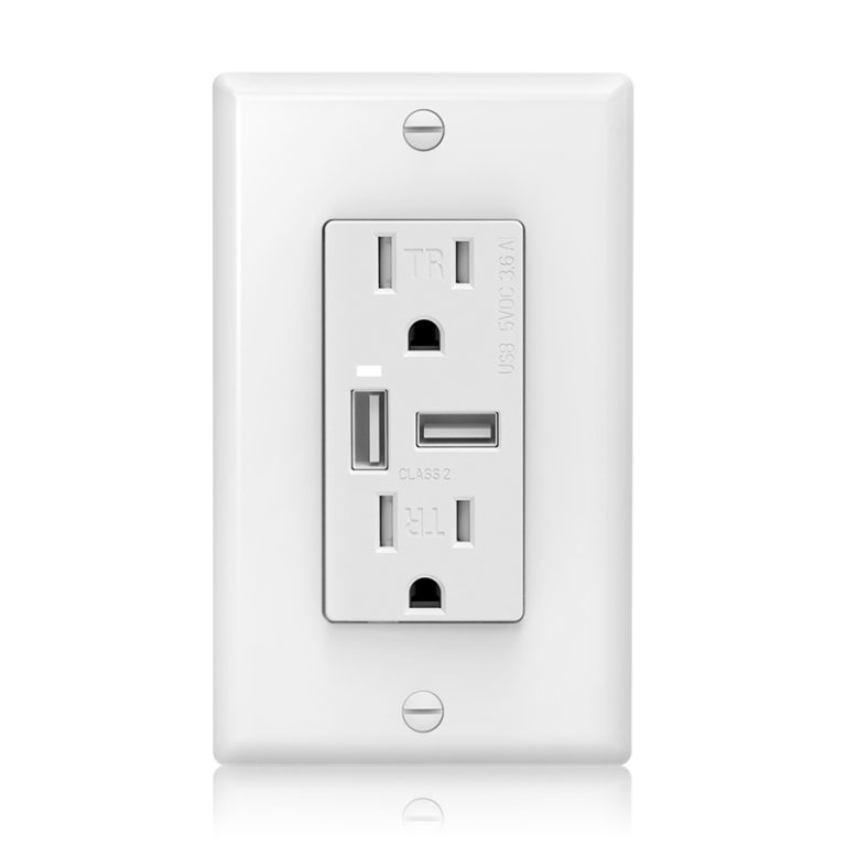 Front close-up of CZ-08 USB outlets with white wall plate