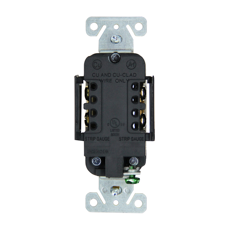 Back side of SSRE-5 15A Duplex Receptacle with stripper and terminal covers