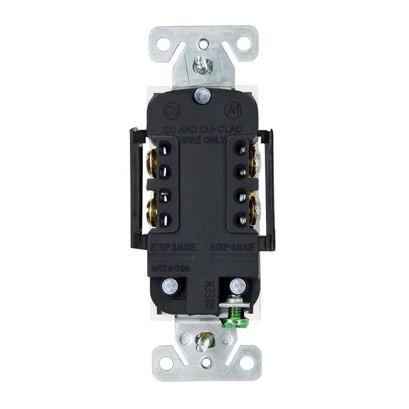 Back side of SSRE-6 15A Duplex Receptacle with stripper and terminal covers