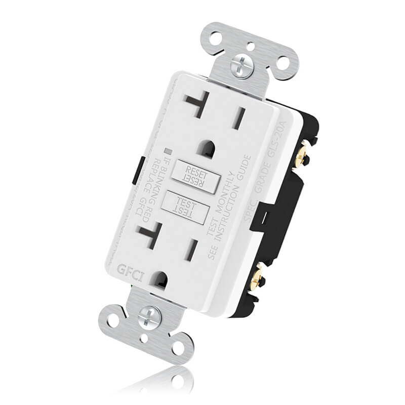 Front and side of GLS-20A GFCI outlets shown at 15° angle