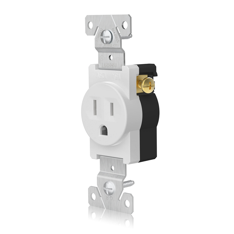 Front and side of SSRE-11 15A 125V Single Receptacle shown at 15° angle