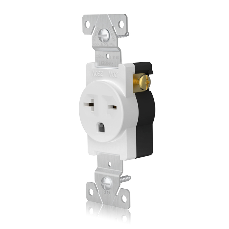 Front and side of SSRE-14 20A 250V Single Receptacle shown at 15° angle