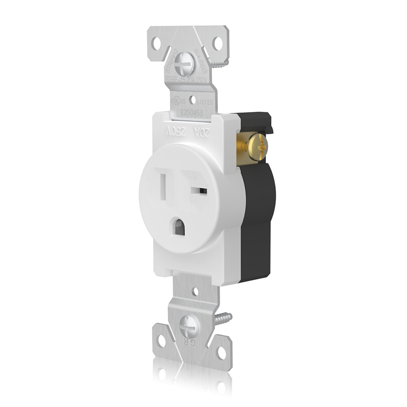 Front and side of SSRE-15 20A 125V Single Receptacle with Wall Plate