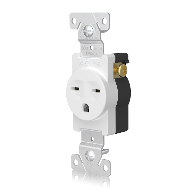 Front and side of SSRE-16 15A 250V Single Receptacle shown at 15° angle