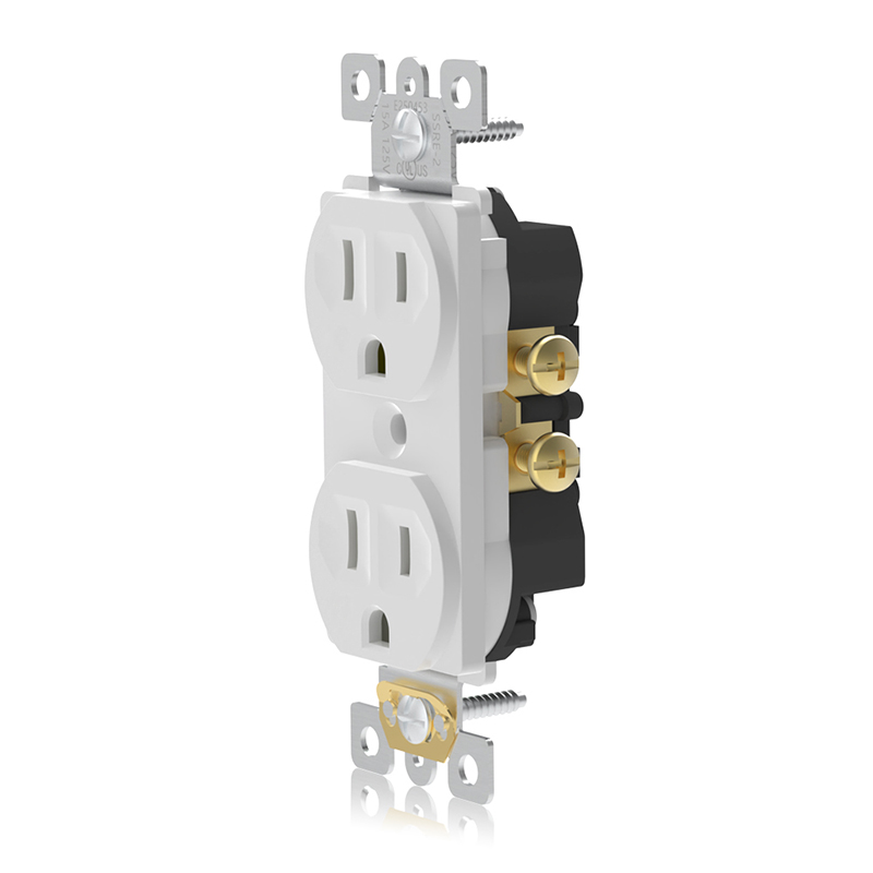 Front and side of SSRE-2 15A Duplex Receptacle shown at 15° angle