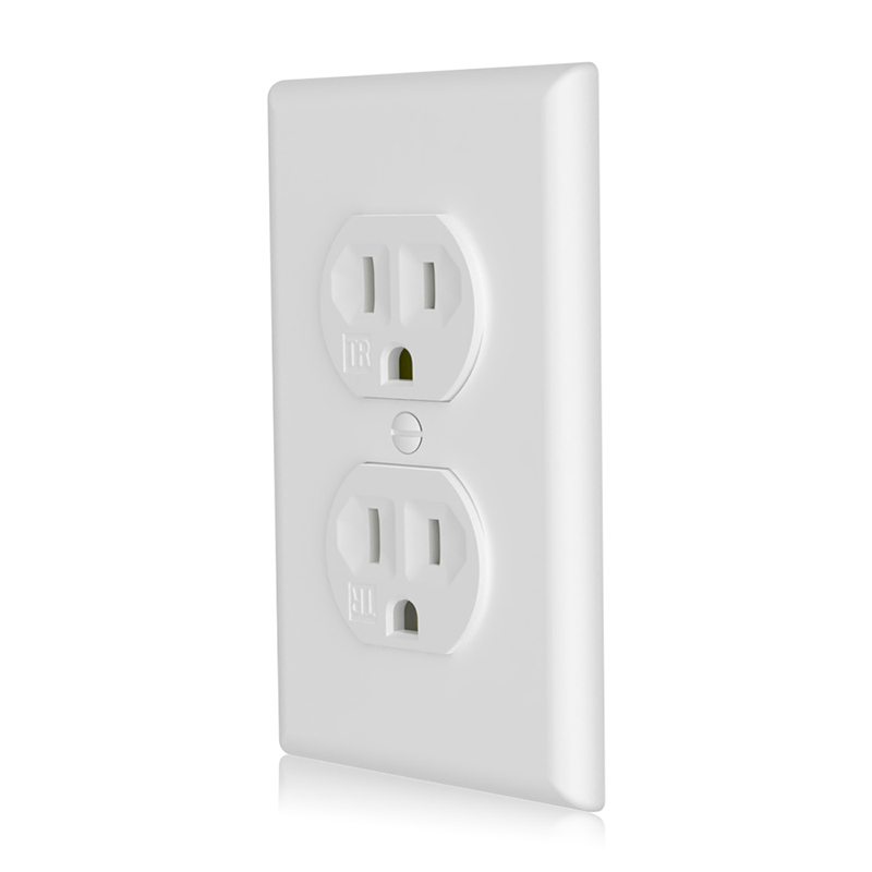 Front and side of SSRE-2TR 15A Duplex Receptacle with white wall plate