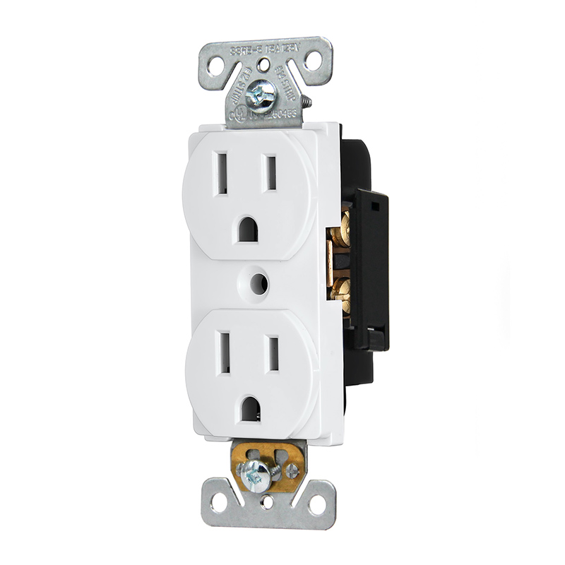 Front and side of SSRE-5 15A Duplex Receptacle with stripper and terminal covers