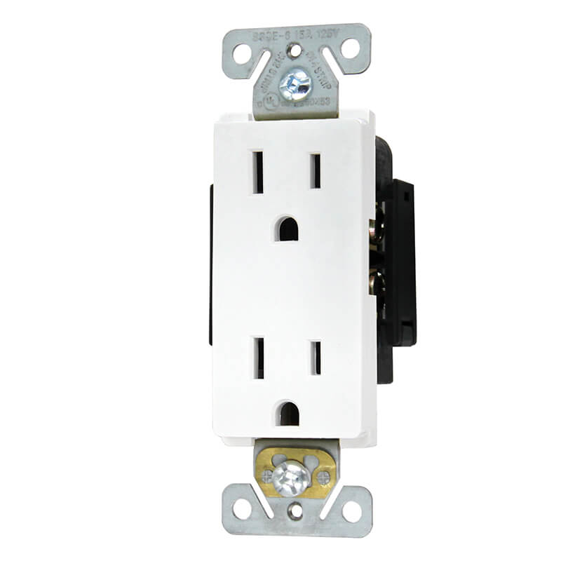 Front and side of SSRE-6 15A Duplex Receptacle with stripper and terminal covers