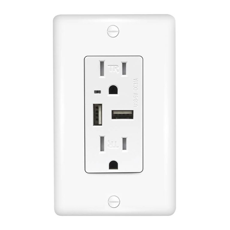 Front close-up of CZ-05 USB outlets with white wall plate