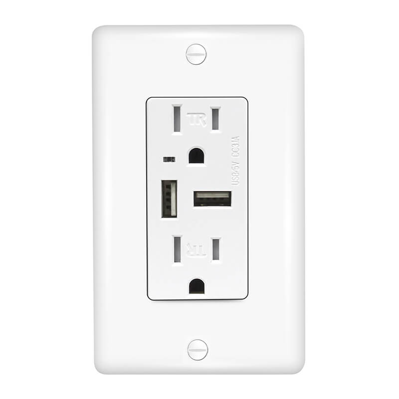 Front close-up of CZ-05 USB outlets with white wall plate