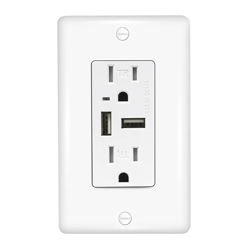 Front close-up of CZ-06 USB outlets with white wall plate