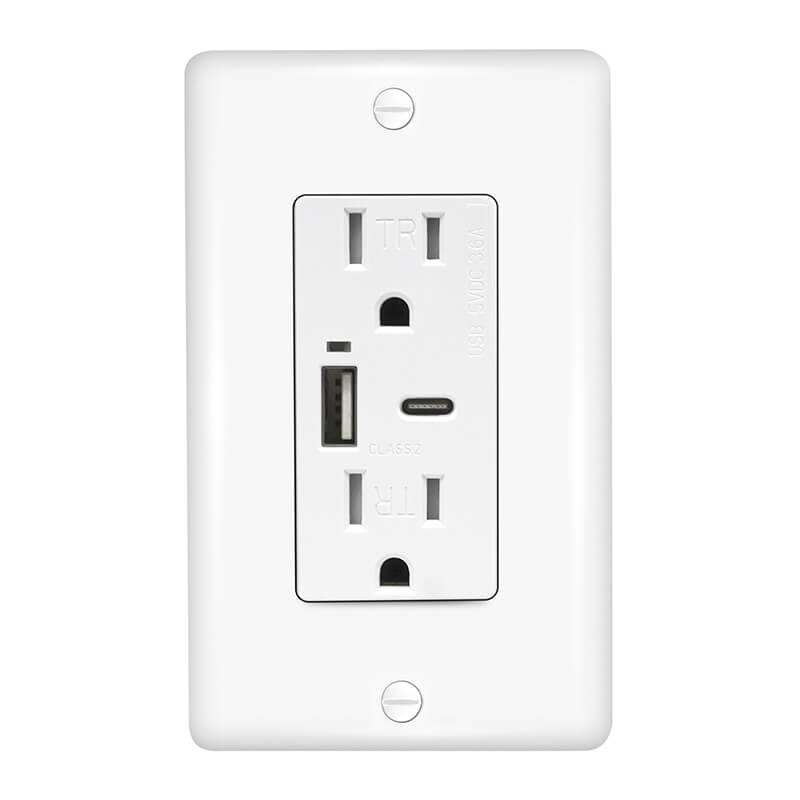 Front close-up of CZ-07 USB outlets with white wall plate