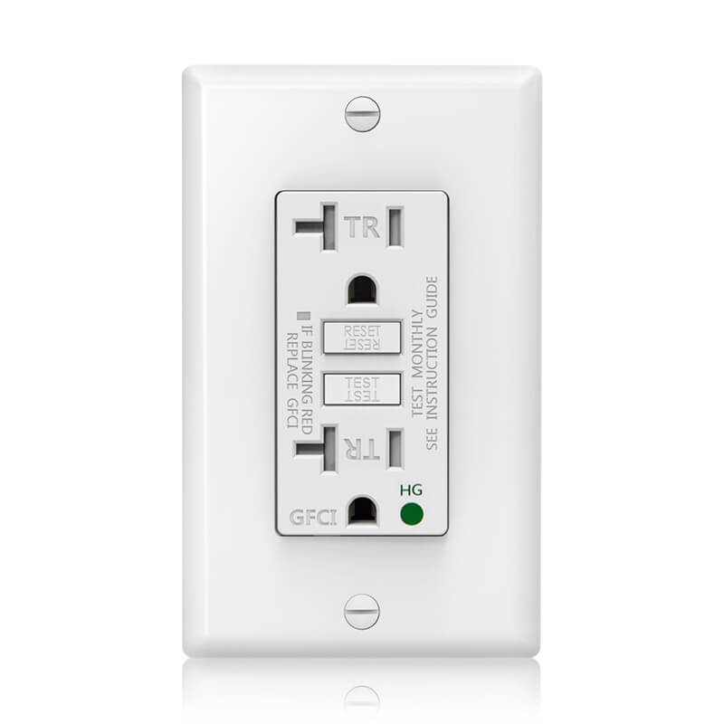 Front close-up of GLS-20AHG GFCI Outlets with white wall plate