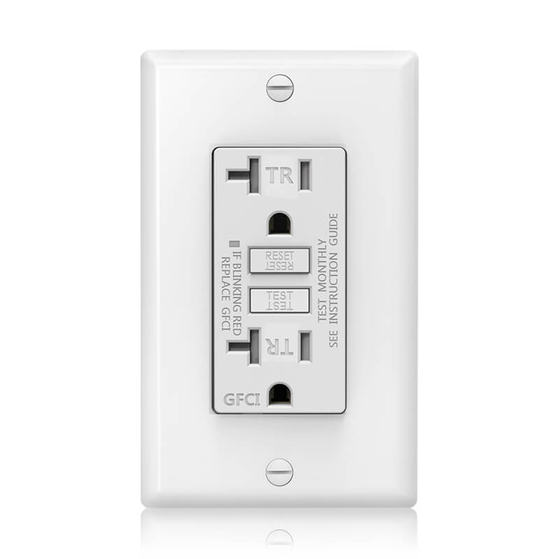 Front close-up of GLS-20ATR GFCI Outlets with white wall plate