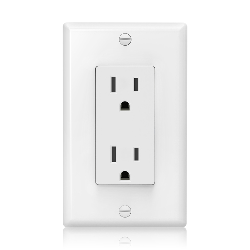 Front close-up of SSRE-1 15A Duplex Receptacle with white wall plate