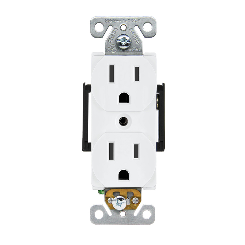 Front close-up of SSRE-5 15A Duplex Receptacle with stripper and terminal covers