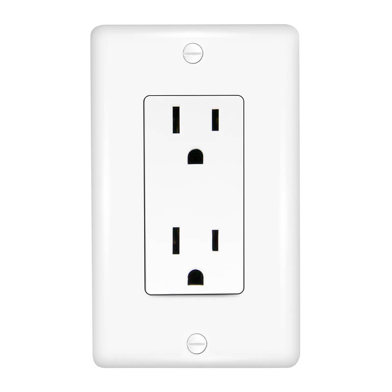 Front close-up of SSRE-6 15A Duplex Receptacle with white wall plate